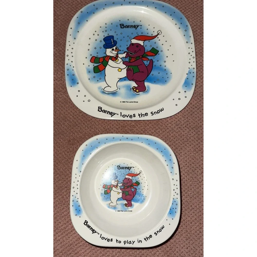 Barney Dinosaur Plate and Bowl 1993 Snowman‎ Snow Winter Loves to Play Vintage